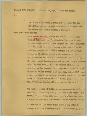 Primary view of [News Script: Dallas City Council....July 10, 1967...Burton/Carnes]