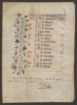 Primary view of [Liturgical Calendar Leaf from Early 15th Century, France]
