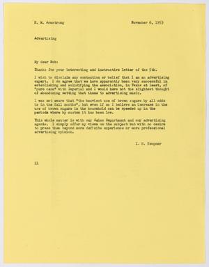 Primary view of [Letter from Isaac Herbert Kempner to Robert Markle Armstrong, November 6, 1953]