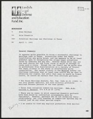Primary view of [Letter from Kris Franklin to Evan Wolfson, April 2, 1991]