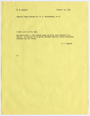Primary view of [Letter from Isaac Herbert Kempner to C. H. Jenkins, October 15, 1954]