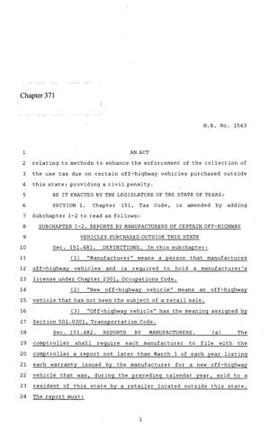 Primary view of 86th Texas Legislature, Regular Session, House Bill 1543, Chapter 371