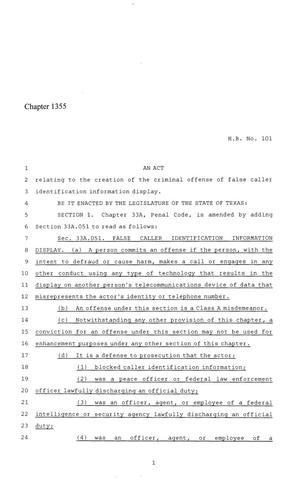 Primary view of 86th Texas Legislature, Regular Session, House Bill 101, Chapter 1355