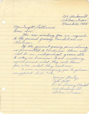 Primary view of [Letter from J. T. Hitt to Truett Latimer, March 21, 1955]