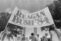 Photograph: [Men Holding Up a Reagan-Bush Campaign Banner]