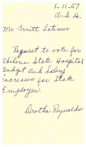 Primary view of [Postcard from Drotha Reynolds to Truett Latimer, January 11, 1957]