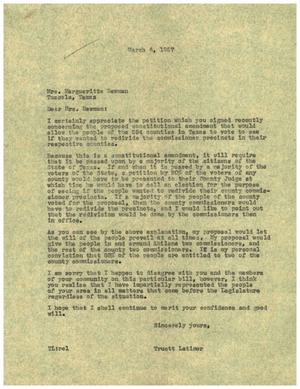 Primary view of [Letter from Truett Latimer to Mrs. Margueritte Newman, March 6, 1957]