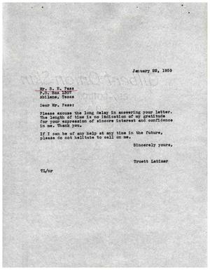 Primary view of [Letter from Truett Latimer to S. E. Pass, January 22, 1959]