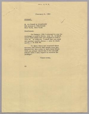 Primary view of [Letter from Mrs. Daniel W. Kempner to B. Altman & Company, February 2, 1953]
