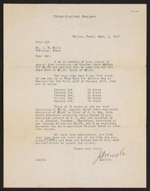 [Letter from J. A. Waight to A. P. Mills, September 3, 1918]