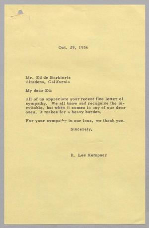 Primary view of [Letter from Robert Lee Kempner to Ed de Barbieris, October 29, 1956]