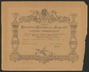 World's Fair of Paris 1889: Commemorative Certificate