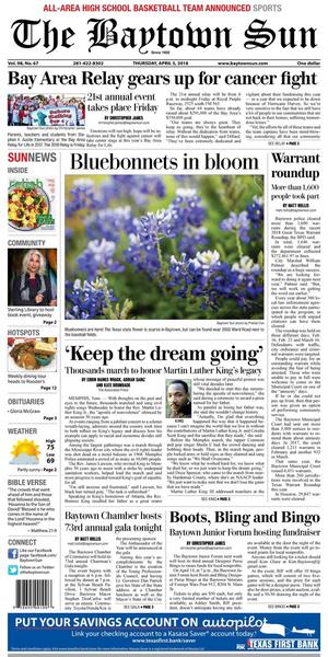 Primary view of The Baytown Sun (Baytown, Tex.), Vol. 98, No. 67, Ed. 1 Thursday, April 5, 2018
