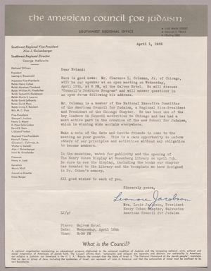Primary view of [Letter from the American Council for Judaism, April 1, 1953]