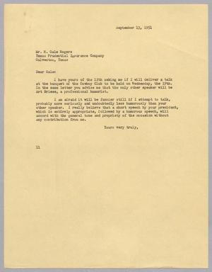 Primary view of [Letter from I. H. Kempner to Mr. H. Gale Rogers, September 13, 1951]