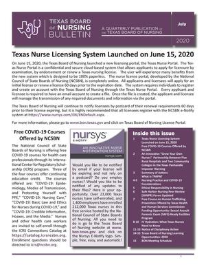 Primary view of Texas Board of Nursing Bulletin, Volume 51, Number 3, July 2020