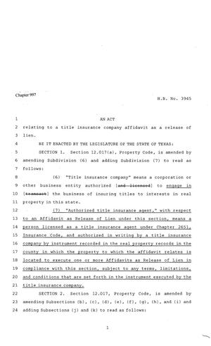 Primary view of 81st Texas Legislature, Regular Session, House Bill 3945, Chapter 997