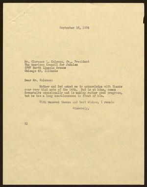 Primary view of [Letter from Harris L. Kempner to Clarence L. Coleman, Jr., September 16, 1964]
