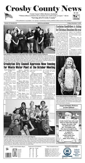 Primary view of Crosby County News (Ralls, Tex.), Vol. 131, No. 48, Ed. 1 Friday, December 7, 2018