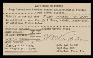 [Army Services Medal Certification for Pfc. H. T. Gaby]