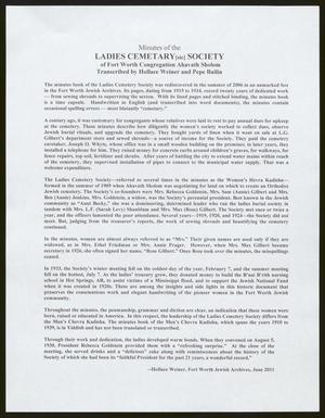 [Brief History of Ahavath Sholom Ladies Cemetery Society]