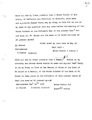 Primary view of [Transcript of power of attorney for Samuel Perry to serve as a proxy for Moses and James E. B. Austin, September 14, 1819]