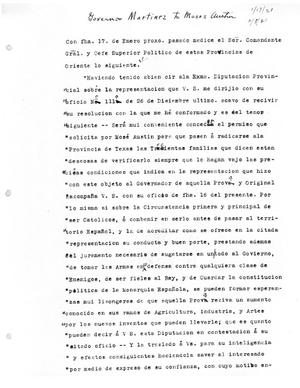 Primary view of [Transcript of letter from Governor Antonio María Martínez to Moses Austin, February 8, 1820]