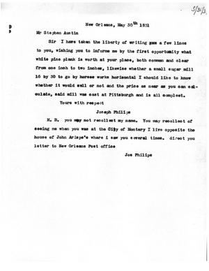 Primary view of [Transcript of Letter from Joseph Philips to Stephen F. Austin, May 30, 1831]