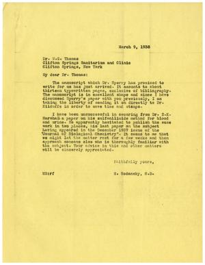 Primary view of [Letter from Meyer Bodansky to W. S. Thomas - March 9, 1938]
