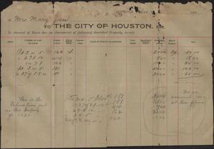 Statement of taxes due to the city of Houston from Mrs. Mary Jones, 1898