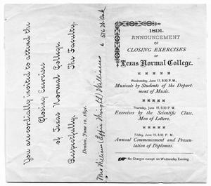 Primary view of object titled '1891. Announcement of Closing Exercises of Texas Normal College'.