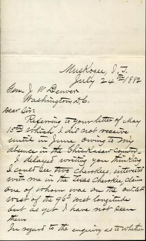 [Letter from I. G. Vore to J. W. Denver, July 24, 1882]