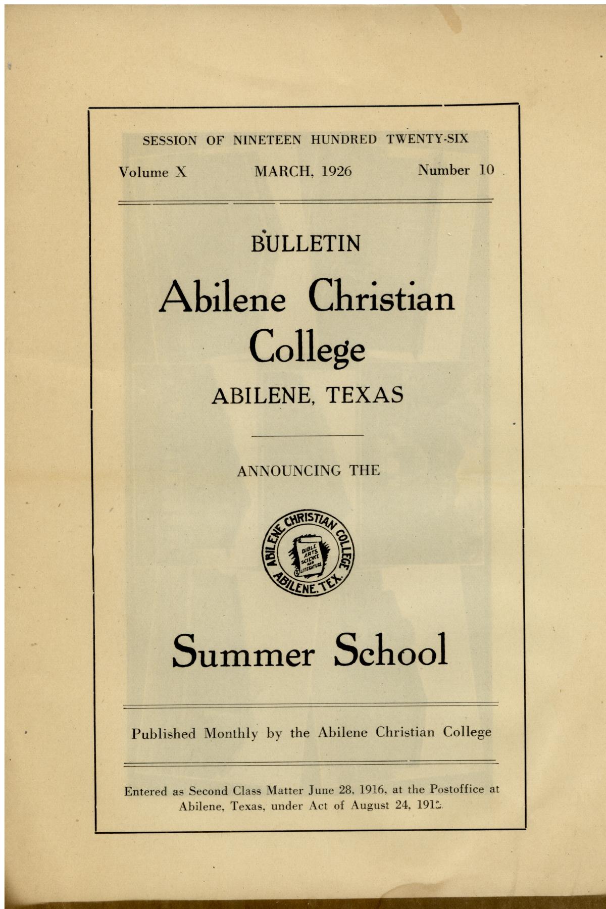 Catalog of Abilene Christian College, 1926
                                                
                                                    Front Cover
                                                