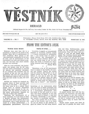 Primary view of Věstník (West, Tex.), Vol. 55, No. 7, Ed. 1 Wednesday, February 15, 1967