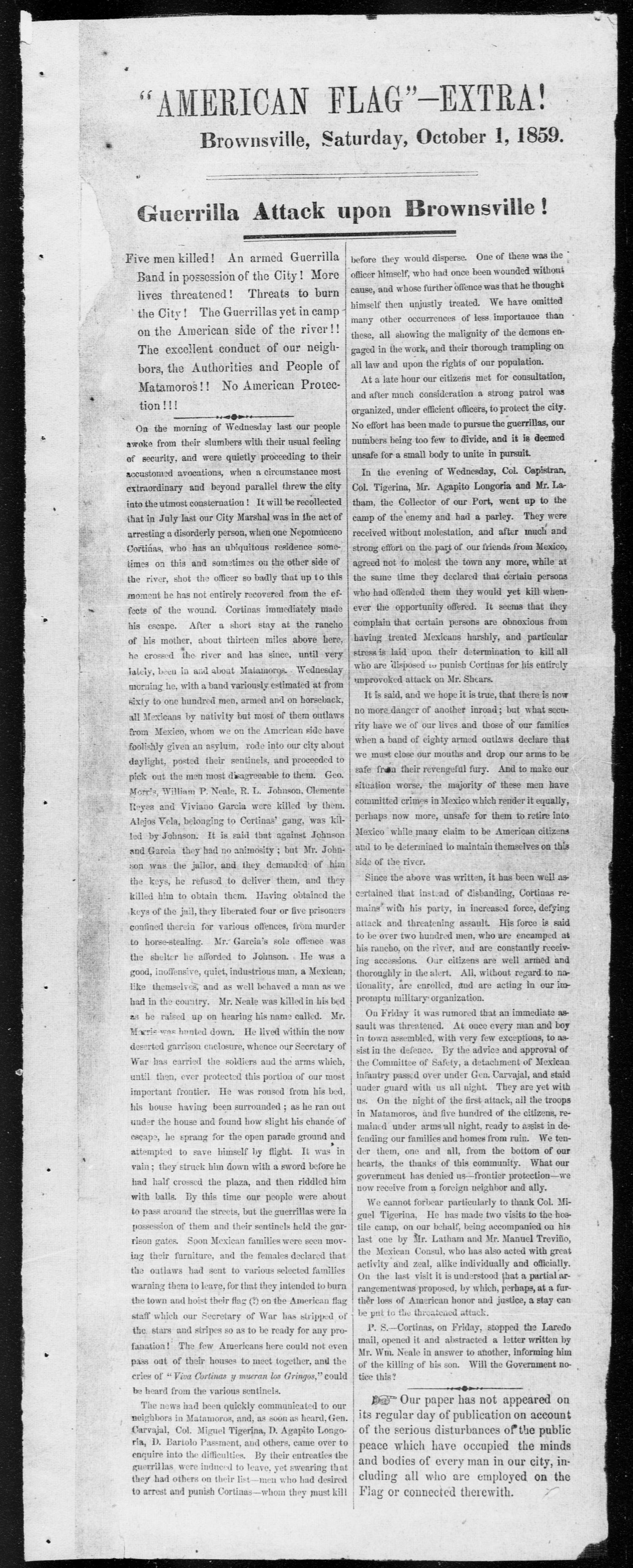 American Flag-- Extra! (Brownsville, Tex.), Ed. 1, Saturday, October 1, 1859
                                                
                                                    [Sequence #]: 1 of 1
                                                