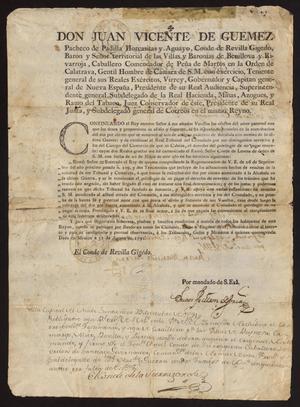 Primary view of [Decree from Viceroy Juan Vicente Güemez]