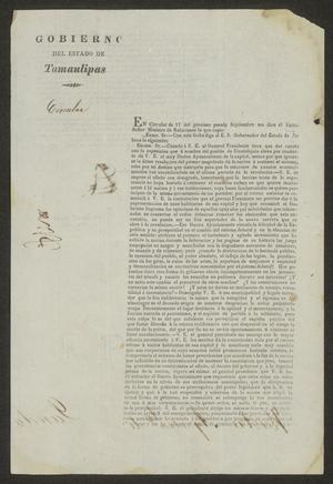 Primary view of [Printed Circular from the Governor to the Laredo Ayuntamiento, October 1, 1834]
