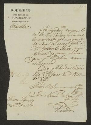 Primary view of [Letter from the Governor of Tamaulipas to the Laredo Ayuntamiento, February 2, 1833]