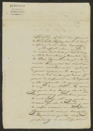Primary view of [Letter from the Governor of Tamaulipas to the Ayuntamiento, February 2, 1833]