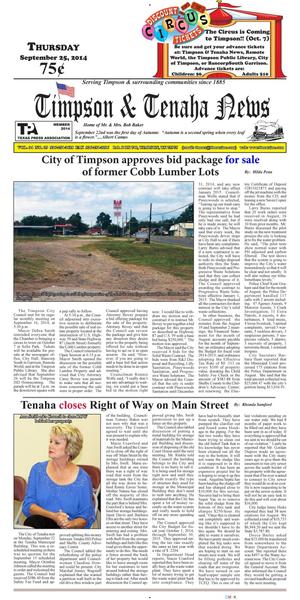 Timpson & Tenaha News (Timpson, Tex.), Vol. 34, No. 39, Ed. 1 Thursday, September 25, 2014