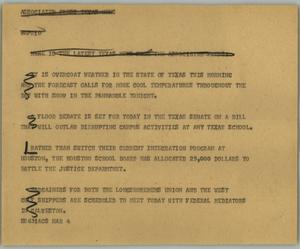 Primary view of object titled '[News Script: Weather, Senate, school board, and unions]'.
