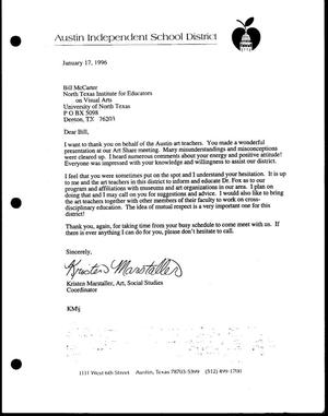 Primary view of object titled '[Letter from Kristen Marstaller to Bill McCarter, January 17, 1996]'.