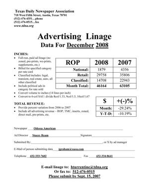 Primary view of object titled '[TDNA Advertising Linage Report for the Odessa American, December 2008]'.