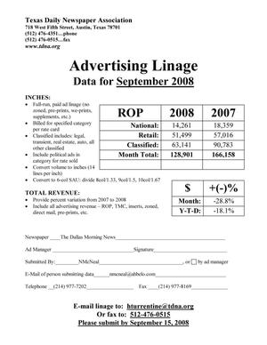 Primary view of object titled '[TDNA Advertising Linage Report for the Dallas Morning News, September 2008]'.