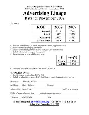Primary view of object titled '[TDNA Advertising Linage Report for the Wichita Falls Times Record News, November 2008]'.