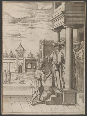 Primary view of [Etching and engraving print of a man begging on a stoop]