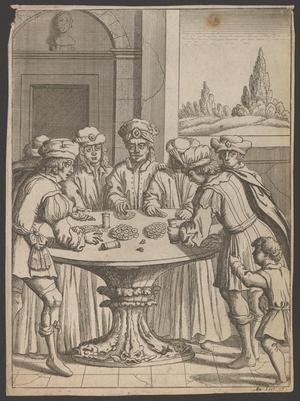 Primary view of [Biblical etching and engraving of a group of men gambling at a table]