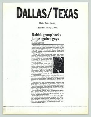 Primary view of object titled '[Photocopied Dallas Times Herald clipping: Rabbis group backs judge against gays]'.