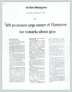 Primary view of object titled '[Dallas Morning News report: 500 protesters urge ouster of Hampton for remarks about gays]'.