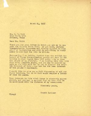 Primary view of [Letter from Truett Latimer to J. R. Holt, March 24, 1955]